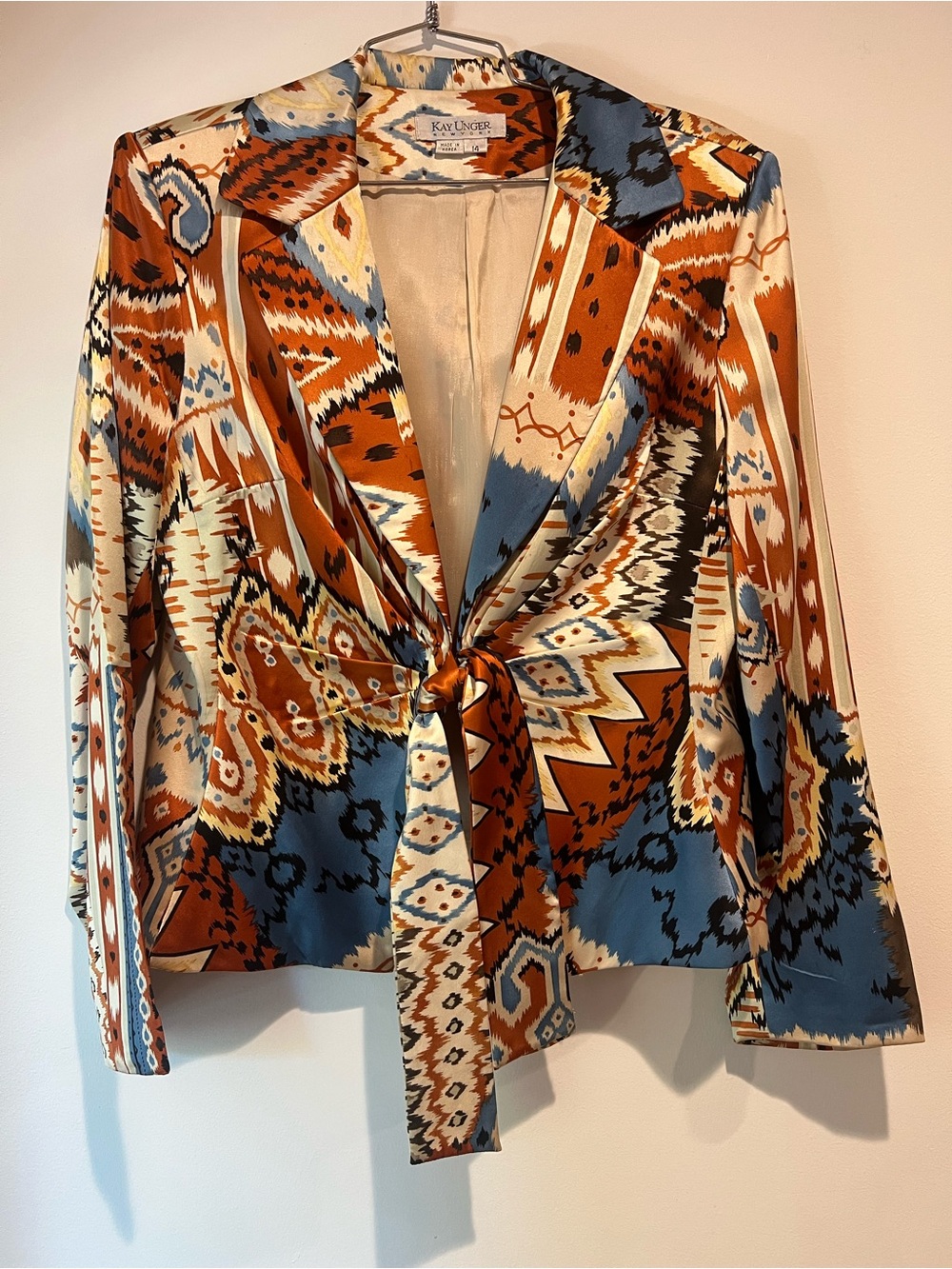 Kay Unger Rust Blue Cream Printed Tie-Front Blazer